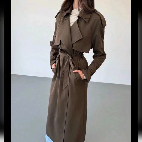 Extra Long Tie Waist Double-Breasted Decor English Style Lapel Brown Trench Coat - Picture 2 of 7